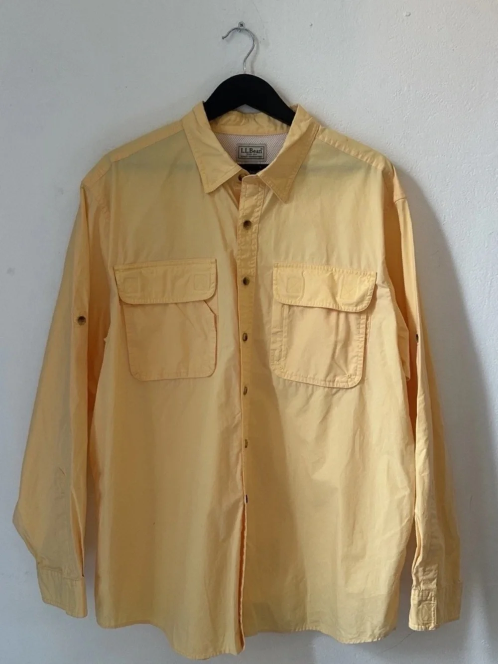 LL Bean Fishing Shirt Mens L Reg Yellow Button Up Long Sleeve Outdoor Ventilated